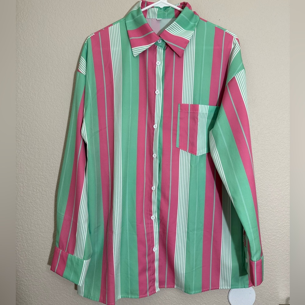 Oversized-Striped Drop Shoulder Button Up Blouse - image 8